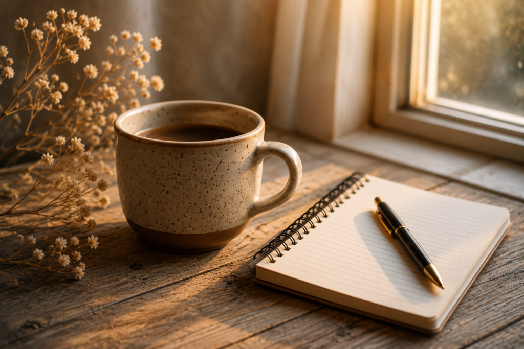 Tasse chaude et carnet ouvert dans une ambiance douce, symbole de rituel simple pour revenir à soi.