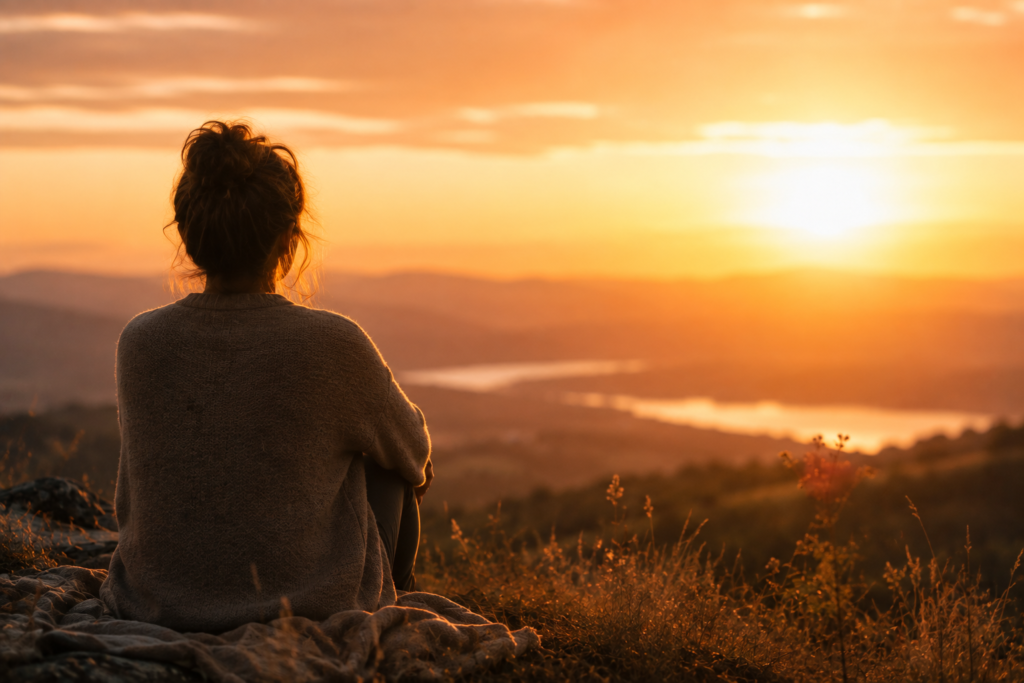 Personne de dos face au soleil couchant, symbole de bienveillance envers soi et de respect de son propre rythme.