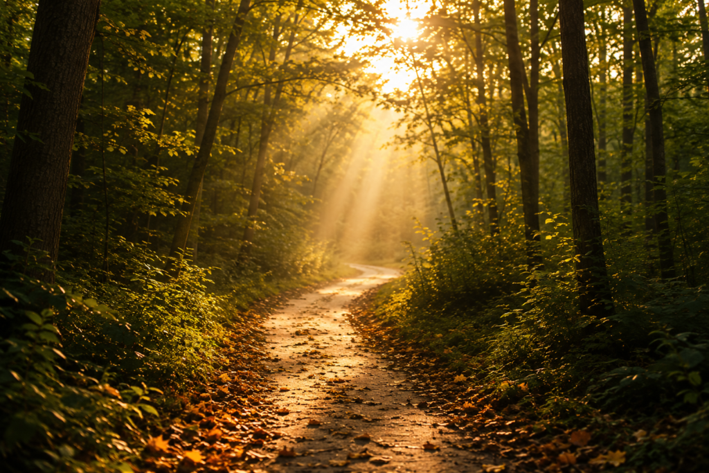 Chemin lumineux dans une forêt, symbole d’un retour progressif à soi et d’un rythme plus doux.
