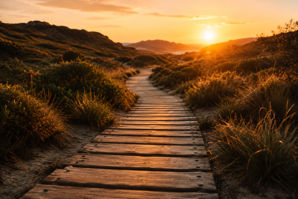 Chemin en bois éclairé par le soleil couchant, symbole de confiance, de retour à soi et d’avancée à son propre rythme.