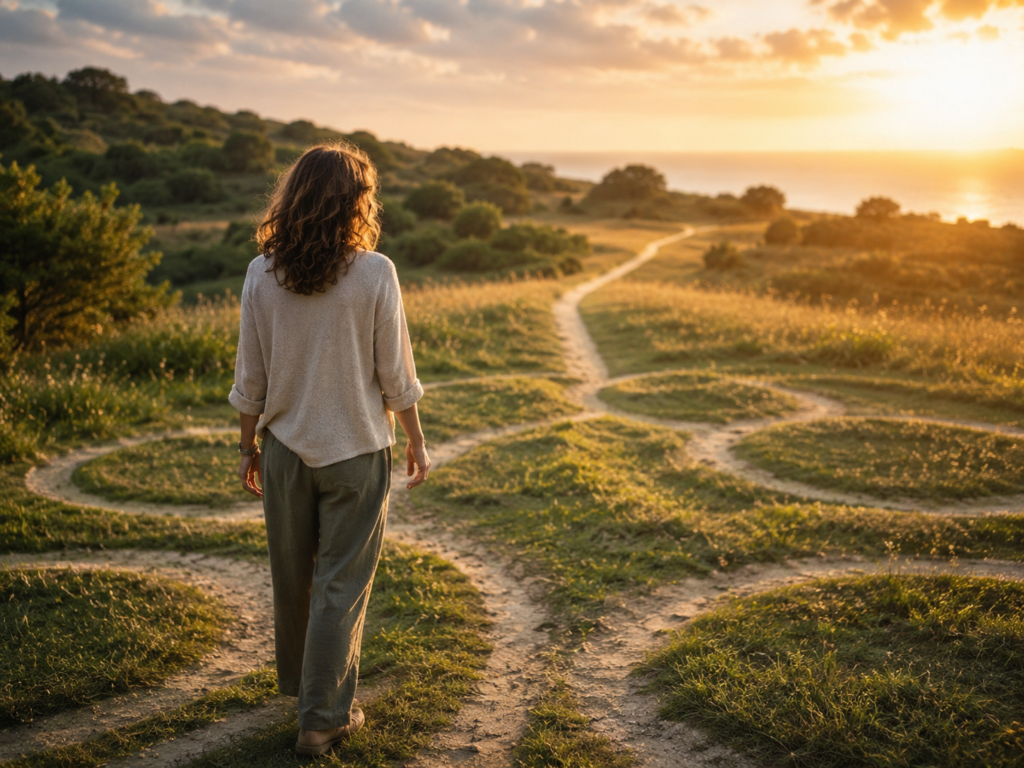 Femme marchant sur un chemin aux multiples embranchements dans un paysage naturel, symbole des croyances et schémas répétitifs, avec une lumière dorée à l’horizon.