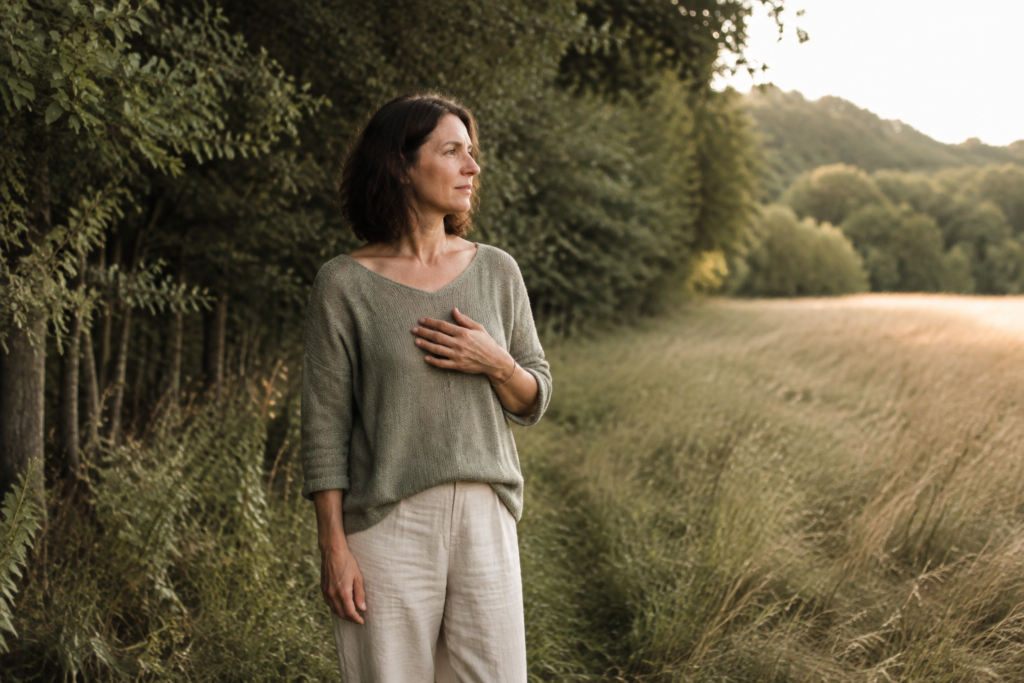 Femme au cœur d’un paysage naturel, posant une main sur sa poitrine pour renouer doucement avec ses besoins intérieurs.