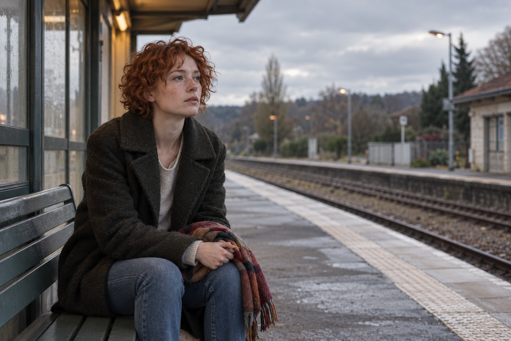 Jeune femme rousse attendant seule dans une gare, illustrant la peur de l’absence et la blessure d’abandon.