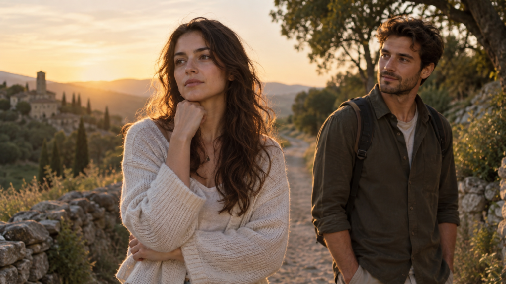 Femme pensive au premier plan et homme en retrait sur un chemin au coucher du soleil, illustrant les différences et les choix dans une relation.