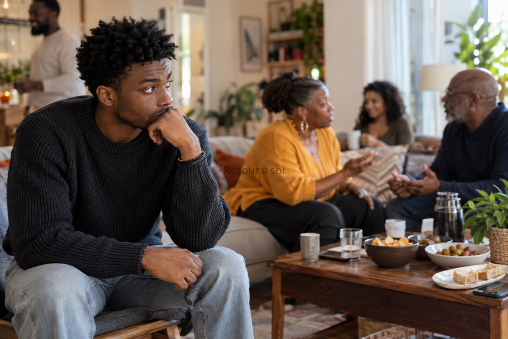 Jeune homme observant sa famille et reprenant son ancien rôle de médiateur